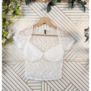 H&M Women's Lace Top White Corset See Through Short Sleeve Size Small